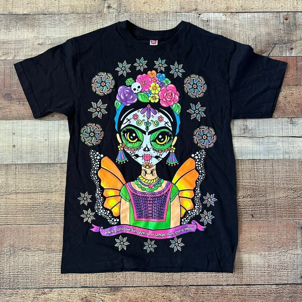 Frida Kahlo Skull Front Back Double Sided Print Short Sleeve Graphic Tee T-shirt